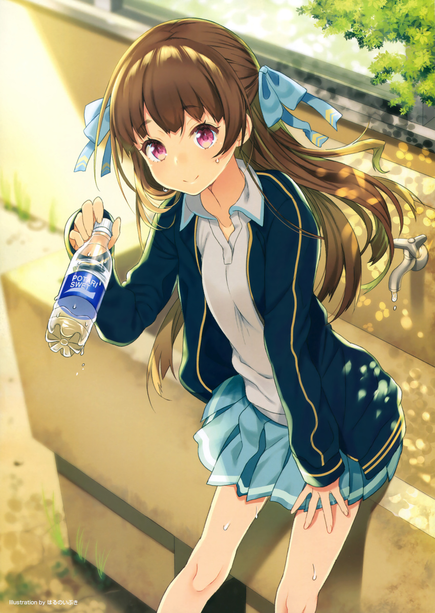 absurdres aqua_jacket aqua_ribbon aqua_skirt artist_name blurry bottle brand_name_imitation brown_hair closed_mouth collarbone collared_shirt depth_of_field english faucet hair_ribbon half_updo harunoibuki highres holding holding_bottle jacket leaning_forward long_hair open_clothes open_jacket original outdoors pink_eyes pleated_skirt ribbon scan shirt skirt sleeves_past_wrists smile solo water_bottle white_shirt wing_collar