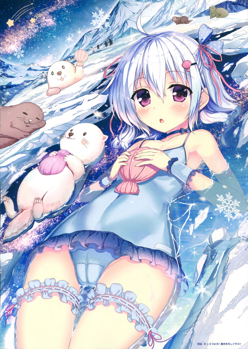 absurdres afloat ahoge akabane_(zebrasmise) animal blue_hair blue_swimsuit blush cameltoe casual_one-piece_swimsuit chestnut_mouth choker cold collarbone cub dutch_angle frilled_swimsuit frills hair_between_eyes hair_ornament hair_ribbon hairclip highres holding huge_filesize ice iceberg leg_garter lying night on_back one-piece_swimsuit original otter outdoors partially_submerged pink_ribbon purple_eyes ribbon ribbon_choker scan seal seashell shell shooting_star snow snowflakes swimsuit thigh_gap twintails water wrist_cuffs