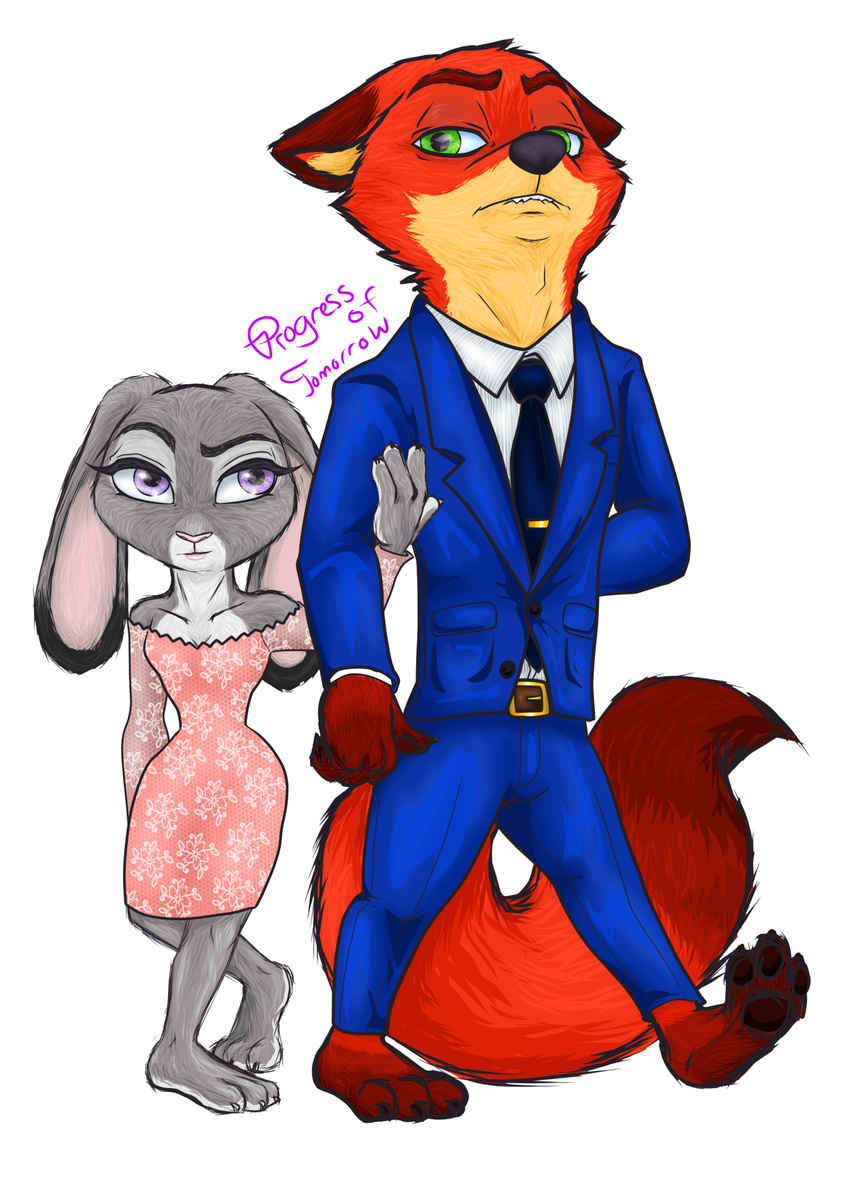 canine clothing disney dress fanfic_art fox judy_hopps lagomorph mammal nick_wilde progressoftomorrow rabbit simple_background suit zootopia