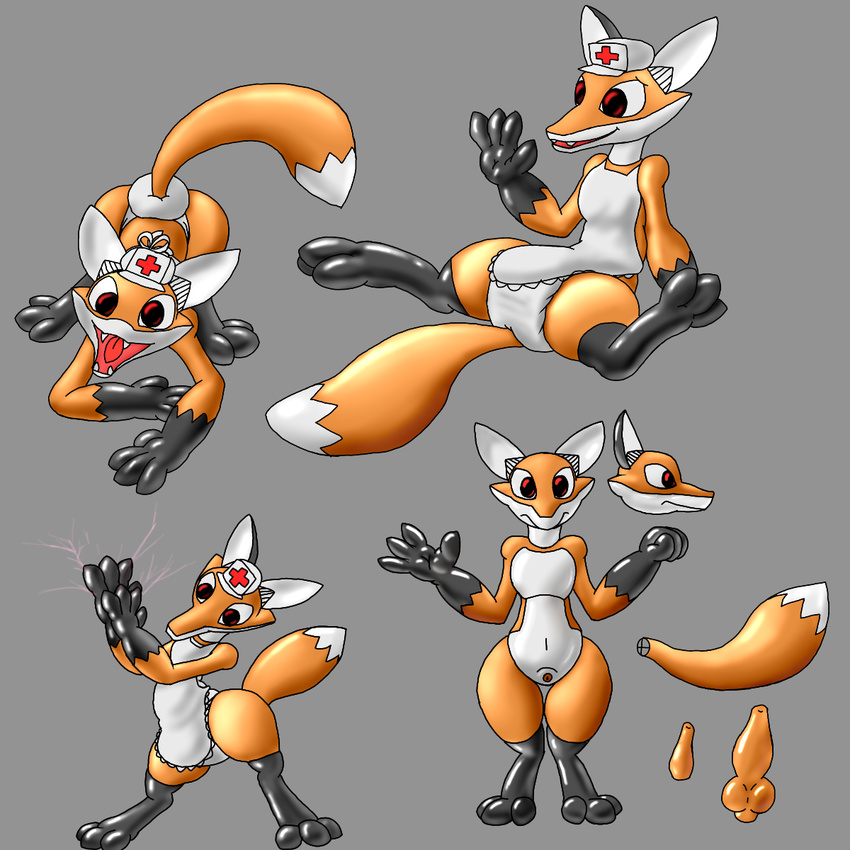 alan android canid_cock canine clothing diaper electricity feet fox fur girly machine male mammal model_sheet notnoponyatall nurse nurse_uniform open_mouth orange_fur presenting red_eyes robot rubber uniform wide_hips