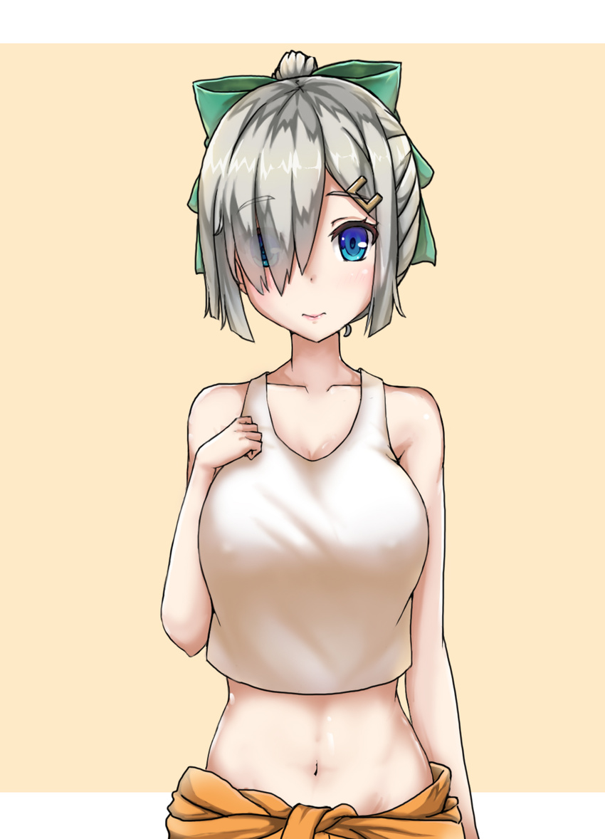 alternate_costume alternate_hairstyle arm_at_side bare_arms blue_eyes breasts clothes_around_waist collarbone cosplay covered_nipples eyes_visible_through_hair groin hair_over_one_eye hair_ribbon hamakaze_(kantai_collection) hand_on_own_chest highres kantai_collection large_breasts looking_at_viewer midriff navel nezirinko ponytail ribbon see-through shirt short_hair silver_hair smile solo tank_top upper_body white_shirt yuubari_(kantai_collection) yuubari_(kantai_collection)_(cosplay)