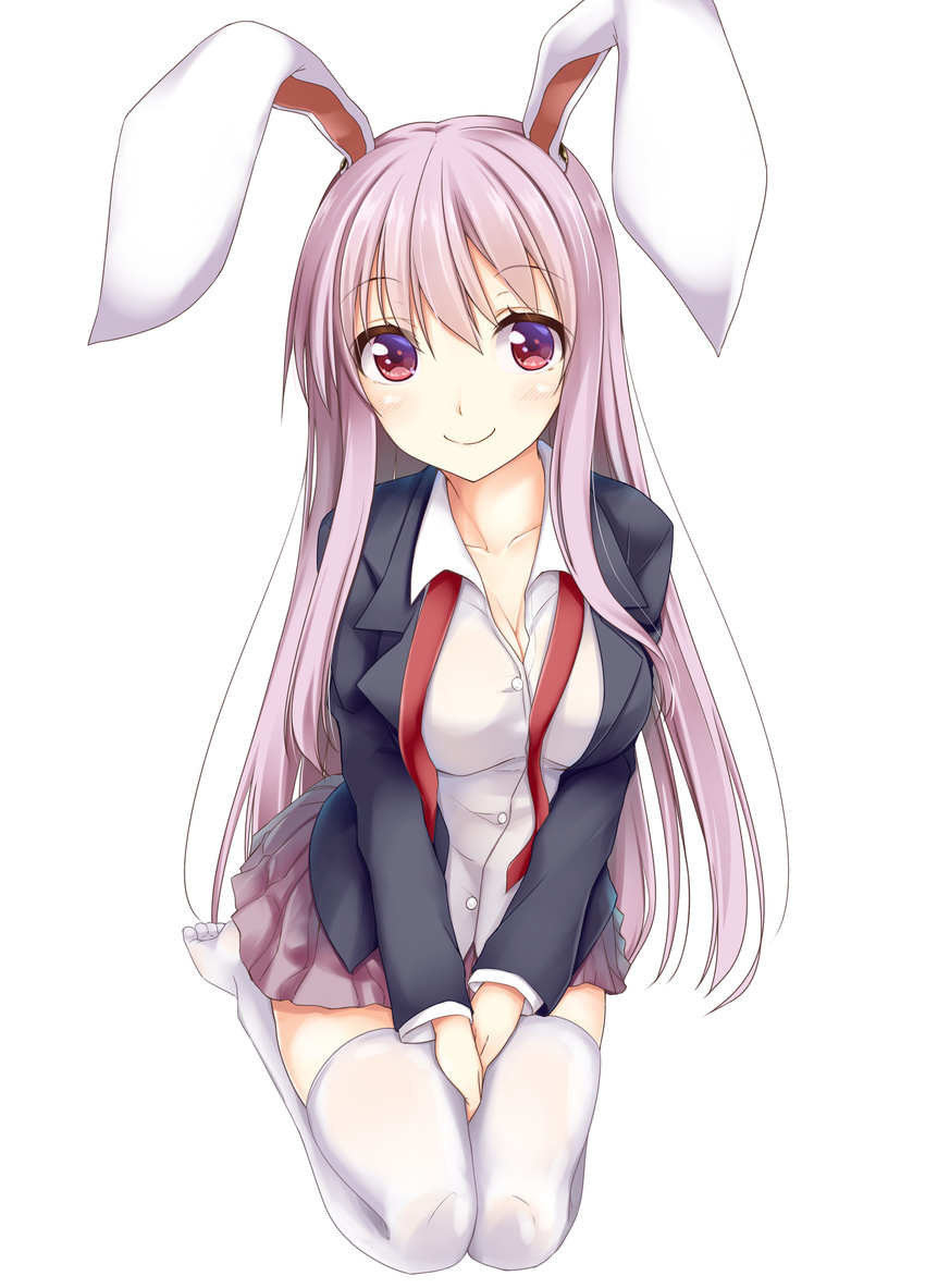 absurdres animal_ears blush breasts bunny_ears cleavage highres jacket kue large_breasts lavender_hair long_hair long_sleeves looking_at_viewer miniskirt necktie red_eyes reisen_udongein_inaba seiza shirt simple_background sitting skirt smile solo thighhighs thighs touhou white_background white_legwear zettai_ryouiki