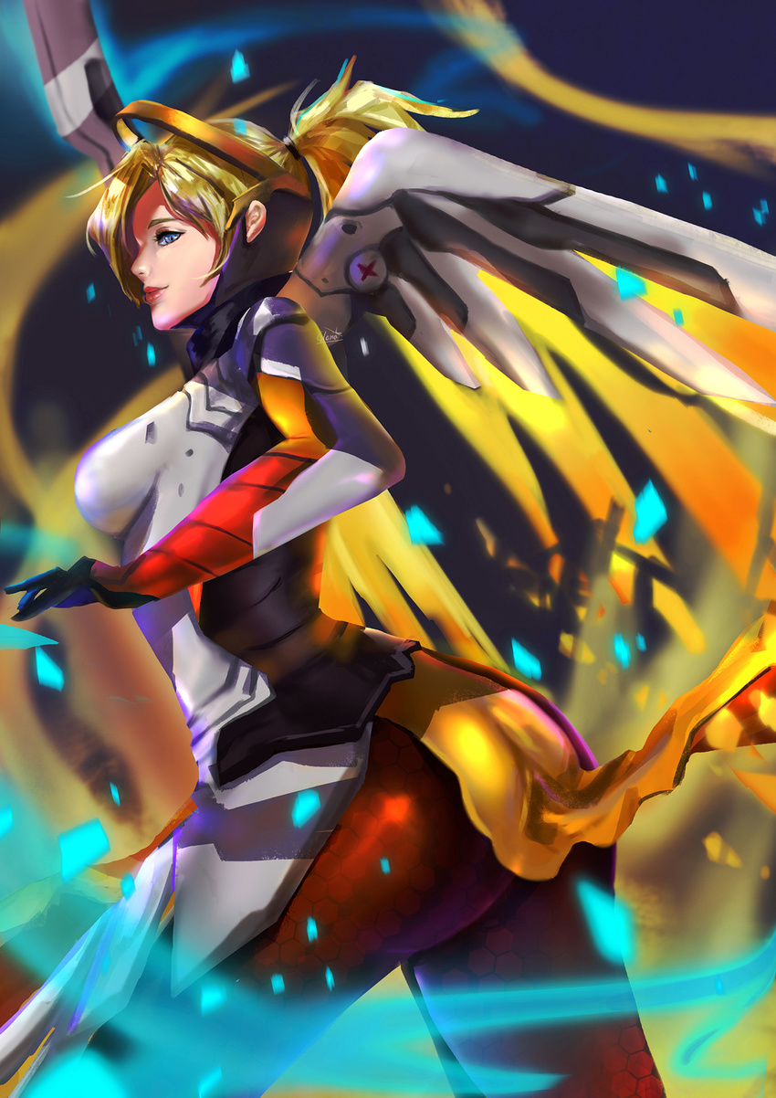 armor armored_boots ass black_gloves blonde_hair blue_eyes bodysuit boots breastplate breasts brown_legwear cowboy_shot faulds gloriak gloves hair_ornament hair_tie headgear high_collar highres lips lipstick loincloth long_hair looking_at_viewer makeup mechanical_halo mechanical_wings medium_breasts mercy_(overwatch) orange_wings overwatch pantyhose pelvic_curtain ponytail profile solo spread_wings turtleneck wings