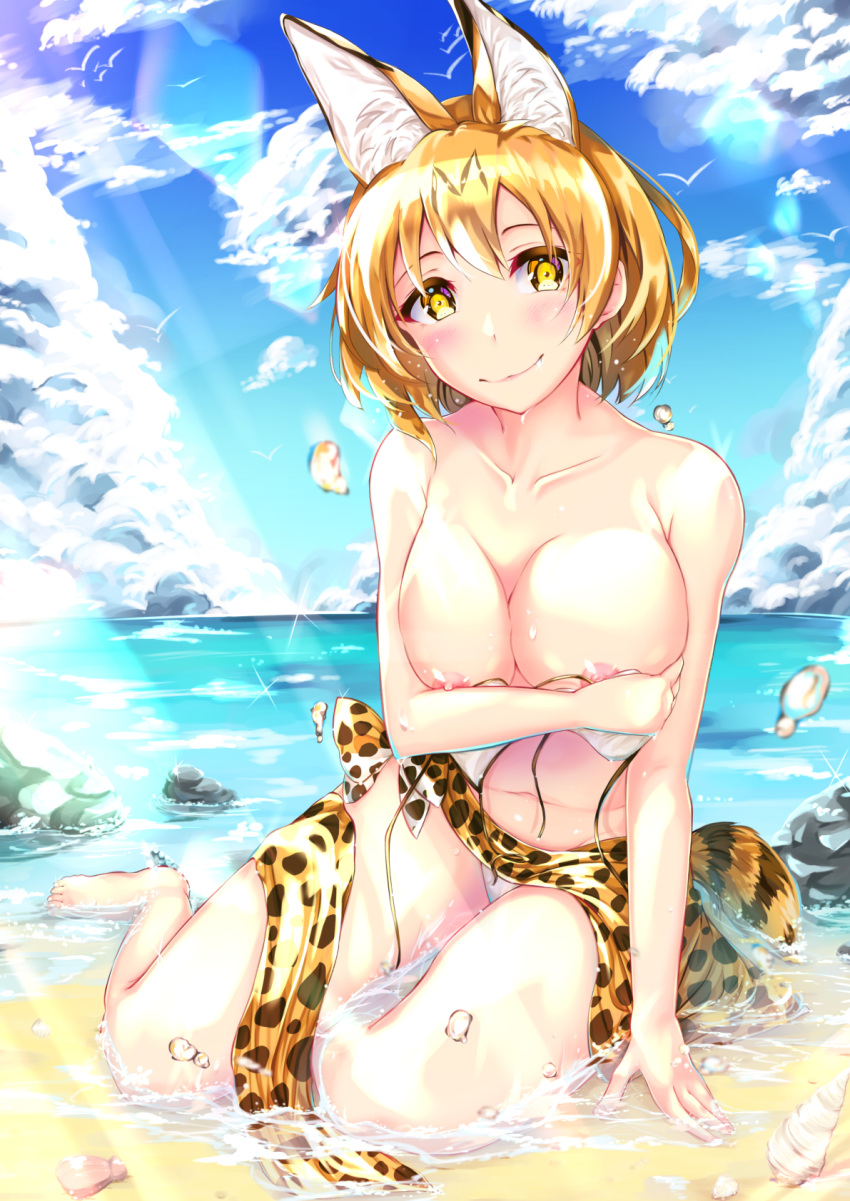 1girl animal_ears arm_support barefoot beach bikini bikini_pull bird blonde_hair blush breasts closed_mouth cloud cloudy_sky commentary covering covering_breasts day droplet full_body head_tilt highres kemono_friends large_breasts legs lens_flare looking_at_viewer mizuki_kakeru nipple_slip nipples ocean outdoors print_sarong pulled_by_self rock sarong seagull seashell serval_(kemono_friends) serval_ears serval_print serval_tail shell short_hair sitting sky smile solo sparkle striped_tail sunlight swimsuit tail wading wet white_bikini yellow_eyes yellow_sarong yokozuwari