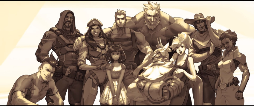 alpha_gamboa ana_(overwatch) beard braid character_request child commentary facial_hair gloves hood long_hair mccree_(overwatch) mercy_(overwatch) military military_uniform monochrome mother_and_daughter multiple_boys multiple_girls muscle overwatch pharah_(overwatch) ponytail reaper_(overwatch) reinhardt_(overwatch) soldier:_76_(overwatch) spoilers tank_top torbjorn_(overwatch) uniform v younger