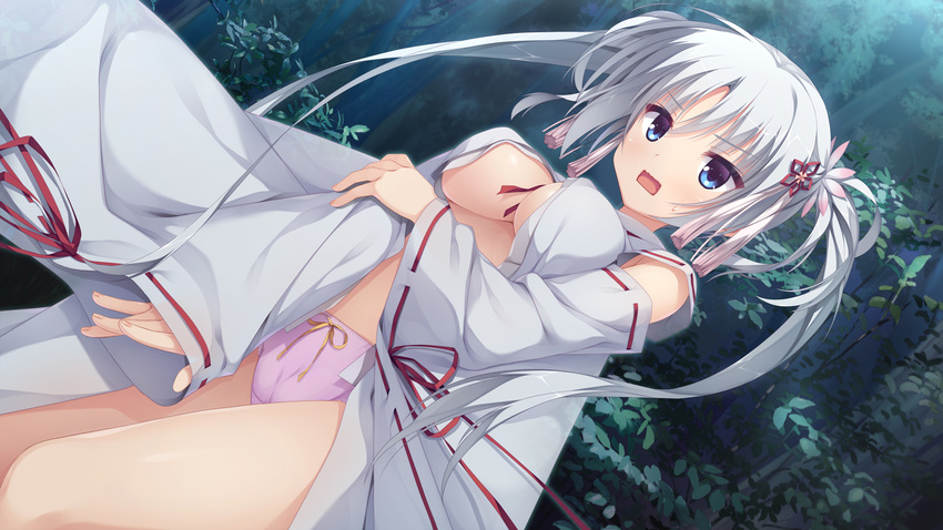 1girl blue_eyes blush bow bow_panties breasts cameltoe detached_sleeves dutch_angle game_cg hair_ornament highres japanese_clothes kobuichi long_hair miko navel no_bra official_art open_mouth outdoors panties pink_panties ribbon-trimmed_sleeves ribbon_trim senren_banka solo tomotake_yoshino twintails underboob underwear white_hair