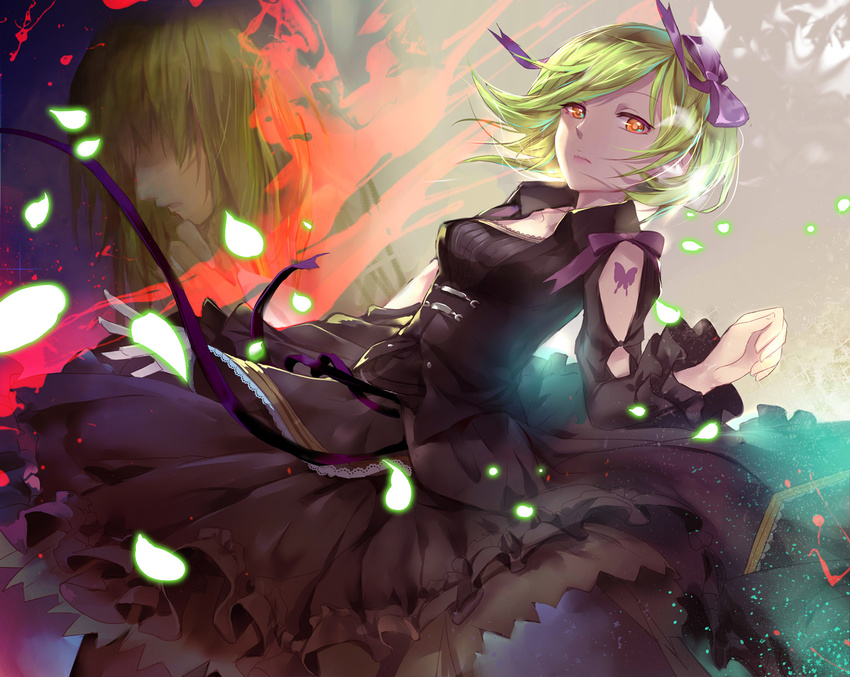 black_dress bow butterfly_tattoo dress gabuccc green_hair hair_bow looking_at_viewer pantyhose projected_inset purple_bow sheri solo_focus standing tattoo unlight