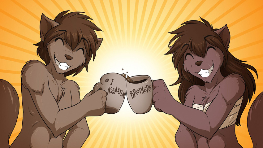 ^_^ abs anthro bandage beverage brown_fur brown_hair brown_nose canine chest_tuft clothed clothing coffee cup duo english_text eyes_closed fangs female food fur hair happy keidran long_hair male mammal muscular natani nude short_hair smile teeth text tom_fischbach topless tuft twokinds wallpaper wolf zen_(twokinds)