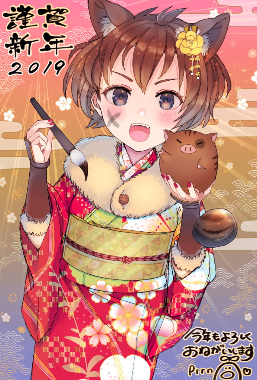 1girl 2019 :d absurdres alternate_costume ancolatte_(onikuanco) animal_ear_fluff animal_ears black_eyes blush brown_hair brush chinese_zodiac commentary_request facial_mark fangs floral_print flower fur_collar hair_flower hair_ornament highres japanese_clothes kemono_friends kimono looking_at_viewer nail_polish obi open_mouth pig red_nails sash short_hair smile solo upper_body v-shaped_eyebrows wild_boar_(kemono_friends) wrist_guards year_of_the_pig