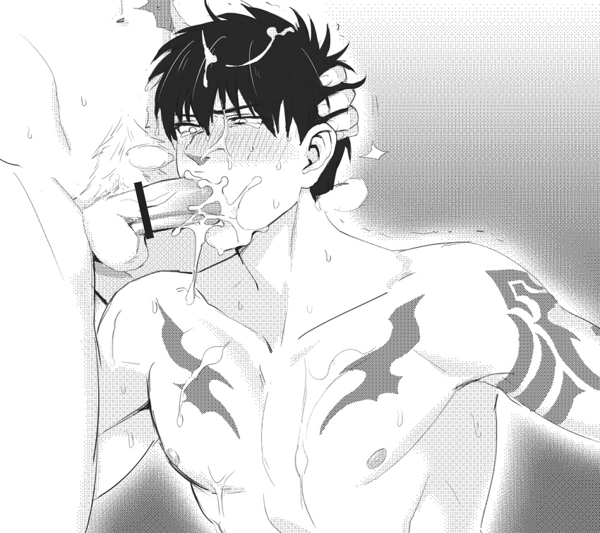 2boys black_hair blush character_request climax cum cum_in_mouth cum_on_body ejaculation erection fellatio hand_on_head male_focus monochrome muscle nude orgasm penis scar sucking sweat tagme tattoo tears testicles wince yaoi