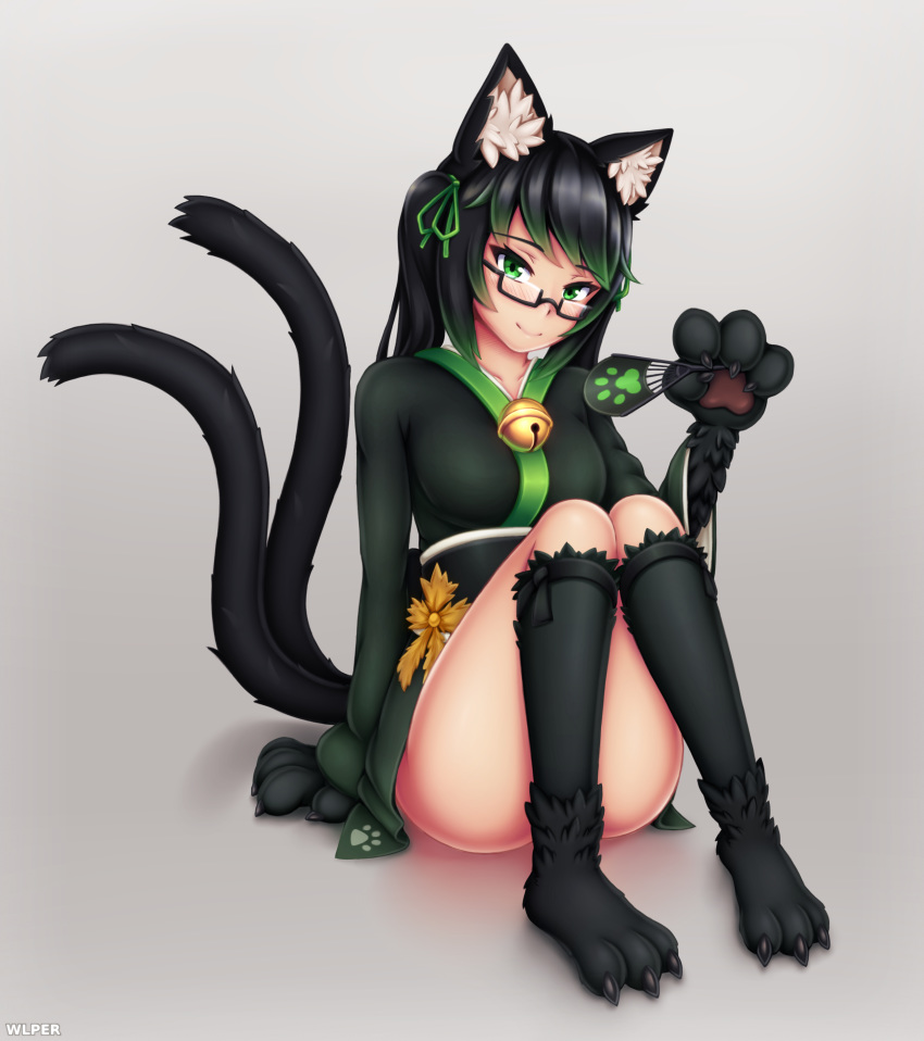 1girl absurdres animal_ear_fluff animal_ears artist_name bell black-framed_eyewear black_hair borrowed_character cat_ears cat_tail claws commentary convenient_leg eyebrows_visible_through_hair full_body glasses gradient gradient_hair green_eyes green_hair grey_background head_tilt highres japanese_clothes jingle_bell looking_at_viewer multicolored_hair multiple_tails original paws rectangular_eyewear semi-rimless_eyewear simple_background sitting solo tail tharkis twintails two-tone_hair two_tails under-rim_eyewear wlper