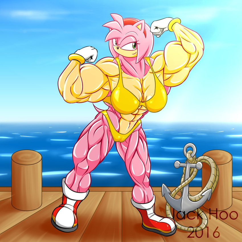 abs amy_rose anchor biceps bikini boots breasts clothed clothing dock female flexing footwear gloves hedgehog invalid_tag jack_hoo_(artist) mammal muscular muscular_female sea shoes skimpy smile sonic_(series) swimsuit water