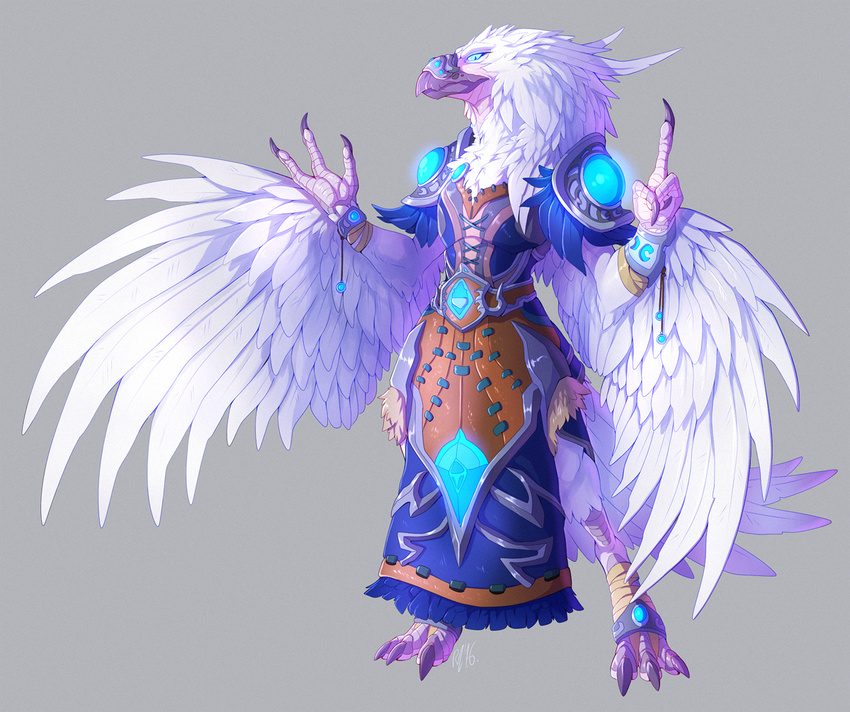 ambiguous_gender anthro arakkoa armor beak clothed clothing feathered_wings feathers hornedfreak looking_at_viewer simple_background standing wings