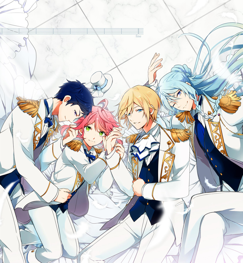 ;) ahoge ascot blonde_hair blue_hair bow bowtie braid ensemble_stars! epaulettes feathers fine_(ensemble_stars!) formal fushimi_yuzuru green_eyes hat hibiki_wataru highres himemiya_touri hug isago_(ica) long_hair looking_at_viewer male_focus mini_hat mini_top_hat mole mole_under_eye multiple_boys one_eye_closed parted_lips pink_hair purple_eyes purple_hair short_hair sidelocks smile staff_(music) suit tenshouin_eichi tile_floor tiles top_hat vest waist_hug waistcoat white_suit