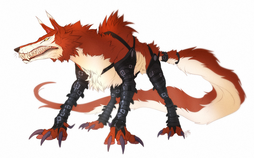 fangmon feral fur hornedfreak long_tail male multicolored_fur sharp_teeth simple_background solo teeth two_tone_fur white_background