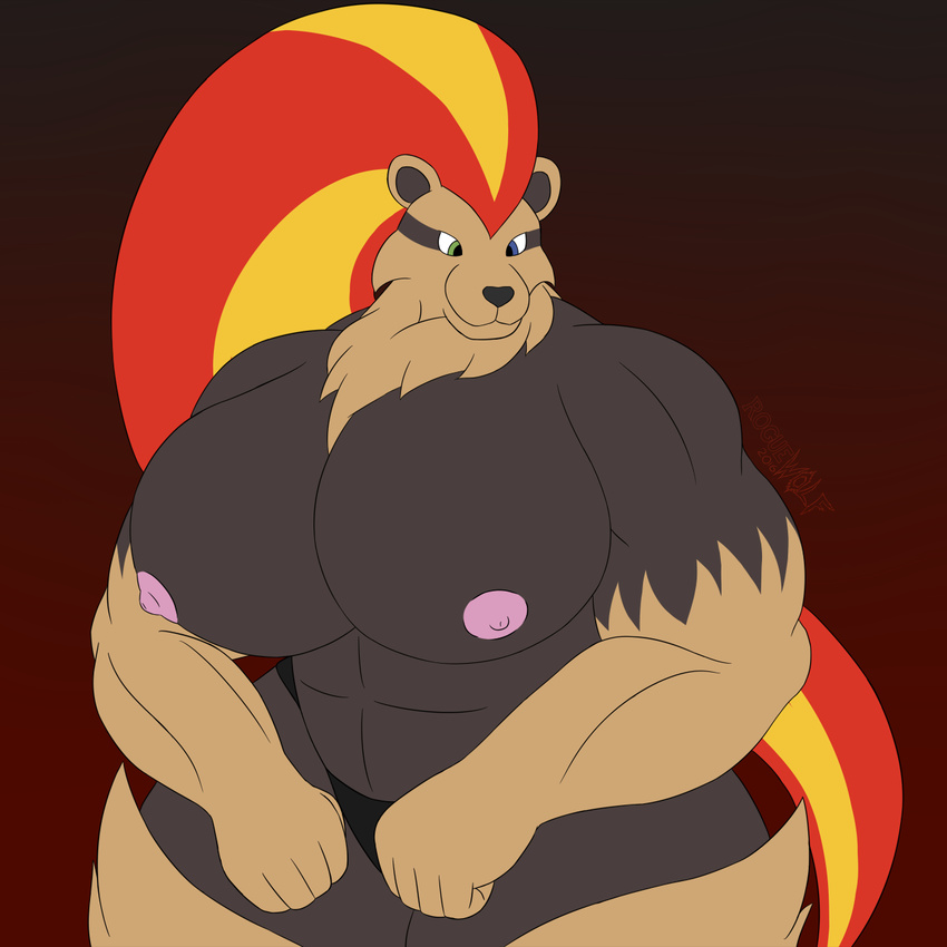 abs biceps big_breasts breasts clothed clothing feline female lion mammal mane muscular muscular_female navel nintendo nipples panties pok&eacute;mon pyroar skimpy smile solo underwear unknown_artist video_games