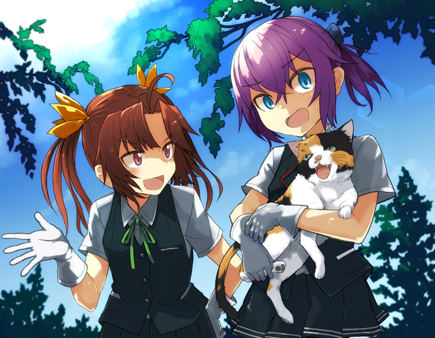 :3 :d ahoge animal blue_eyes blue_sky brown_hair buttons cat cloud day fangs gloves green_neckwear green_ribbon hair_between_eyes hair_ornament hair_ribbon hand_on_hip holding kagerou_(kantai_collection) kantai_collection long_hair multiple_girls neck_ribbon open_hand open_mouth outdoors pink_hair plant pleated_skirt ponytail red_ribbon ribbon school_uniform shiranui_(kantai_collection) shirt short_hair short_ponytail short_sleeves skirt sky smile tree twintails umoo_futon vest white_gloves white_shirt yellow_ribbon