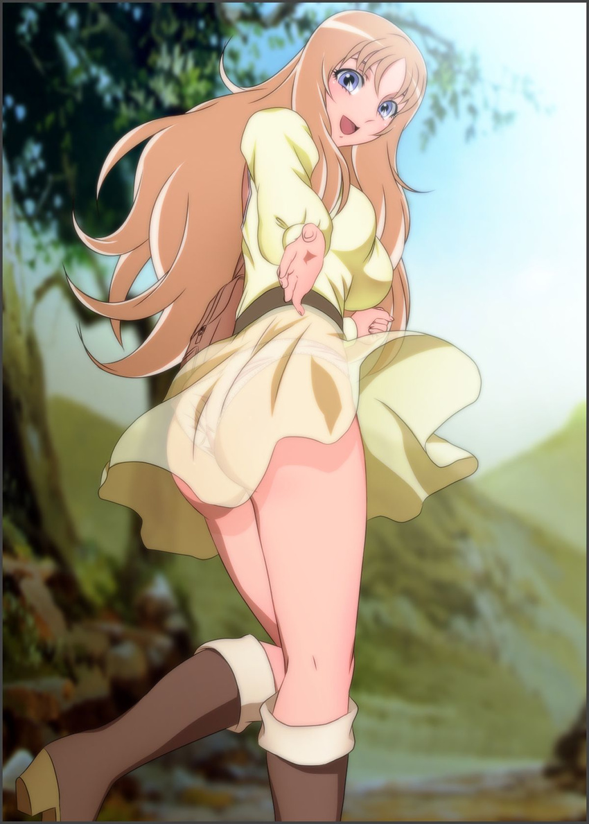 aquila_yuna ass blue_eyes boots brown_hair day dress from_below highres long_hair looking_at_viewer open_mouth outdoors panties saint_seiya_omega see-through short_dress solo tree underwear white_panties yadokari_genpachirou yellow_dress