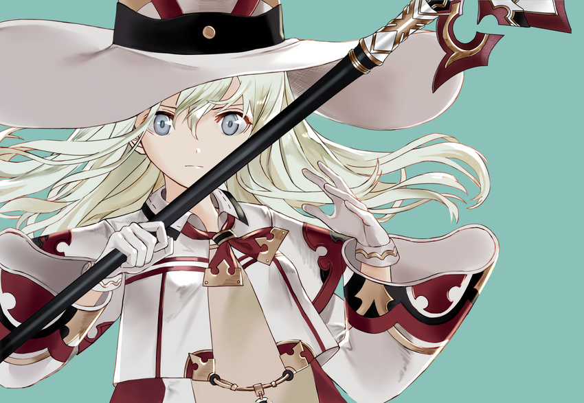 alternate_costume alternate_headwear blonde_hair blue_eyes commentary cosplay cropped_jacket final_fantasy gloves hair_between_eyes hat holding holding_staff kantai_collection long_hair long_sleeves looking_at_viewer luicent simple_background solo staff u-511_(kantai_collection) white_gloves white_mage white_mage_(cosplay) witch_hat