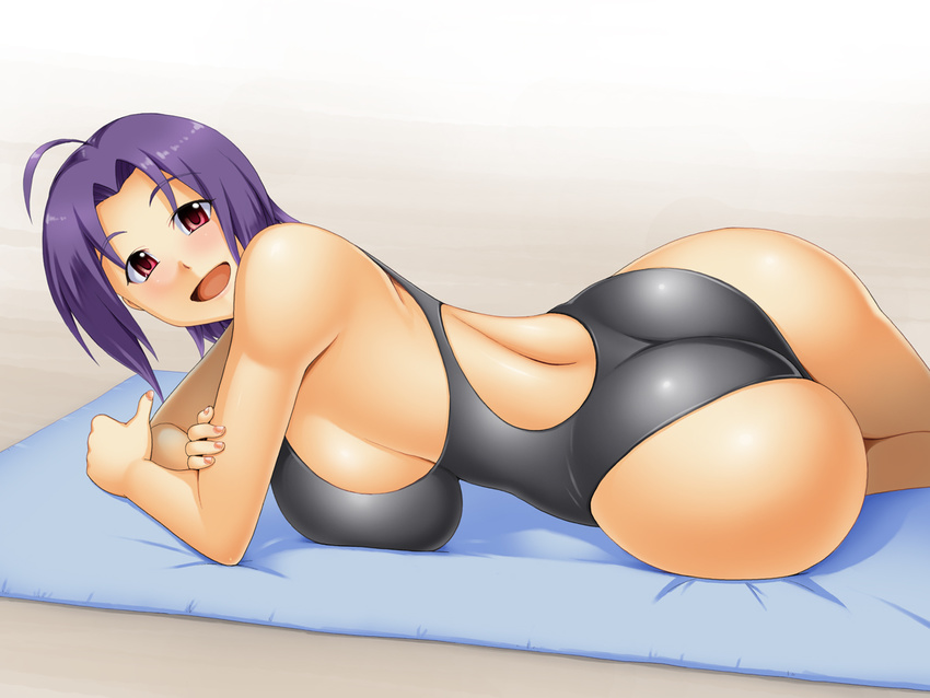 ahoge ass bare_shoulders beach breasts competition_swimsuit derivative_work huge_breasts idolmaster idolmaster_(classic) kawanuma_uotsuri looking_at_viewer lying miura_azusa nail_polish on_side one-piece_swimsuit purple_hair red_eyes sideboob smile solo swimsuit thighs twisted_torso