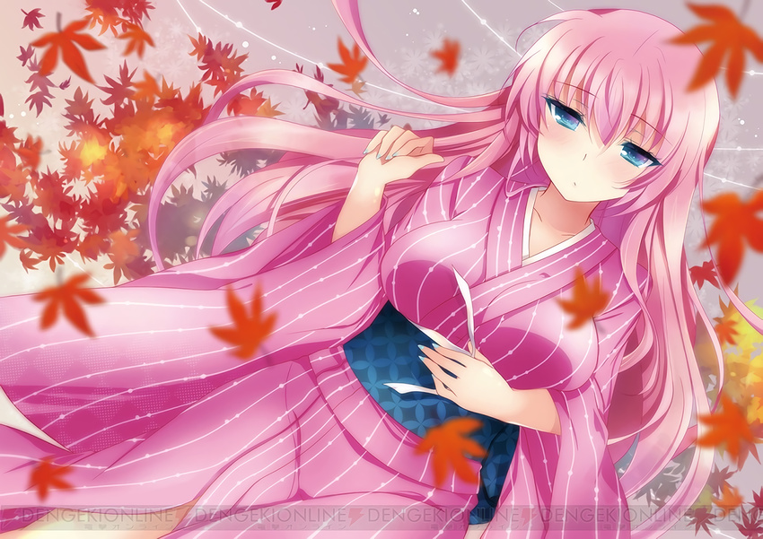 akahitoha_(vocaloid) autumn_leaves blue_eyes blue_nails blurry checkered closed_mouth dutch_angle ichiyou_moka japanese_clothes kimono long_hair long_sleeves megurine_luka nail_polish pink_hair project_diva_(series) project_diva_x solo vocaloid wide_sleeves