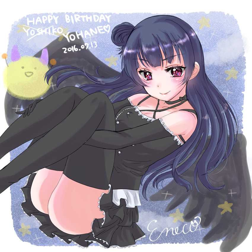 2016 ass black_dress black_legwear black_wings blue_hair blush character_name crossover dated demon_horns di_gi_charat dress elbow_gloves eneco gema gloves hair_bun happy_birthday horns long_hair love_live! love_live!_sunshine!! purple_eyes smile solo star stuffed_toy thighhighs tsushima_yoshiko wings