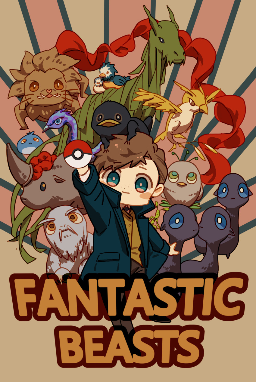 1boy absurdres augurey billywig bird bowtruckle brown_background brown_hair chibi copyright_name crossover demiguise diricawl erumpent fangs fantastic_beasts_and_where_to_find_them feathered_wings freckles fur_trim green_eyes highres kelpie leaf mooncalf newt_scamander niffler occamy poke_ball solo thunderbird_(fantastic_beast) wings yellow_eyes zouwu