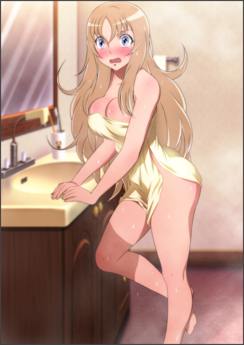 aquila_yuna blue_eyes breasts brown_hair cleavage collarbone embarrassed highres indoors long_hair looking_at_viewer medium_breasts naked_towel open_mouth saint_seiya_omega solo towel wet yadokari_genpachirou