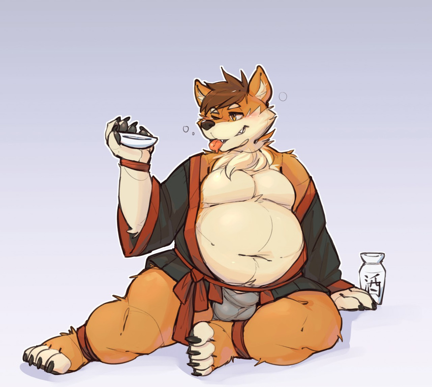 alcohol beverage brown_hair bulge canine dog drunk fur hair male mammal orange_fur overweight sake simple_background sitting solo tongue tongue_out zangusuu