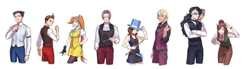 5boys absurdres bags_under_eyes bird black_hair black_legwear blonde_hair blue_hat blue_neckwear blue_ribbon brown_hair chaha5bai cravat crossed_arms earrings eyewear_on_head fanny_pack garyuu_kyouya gin_(gyakuten_saiban) glasses gloves grey_hair gyakuten_saiban gyakuten_saiban_5 hair_between_eyes hair_ribbon hat hawk highres holding holding_eyewear houzuki_akane jewelry kizuki_kokone long_hair md5_mismatch mitsurugi_reiji multicolored_hair multiple_boys multiple_girls naruhodou_minuki naruhodou_ryuuichi necklace necktie odoroki_housuke pantyhose partly_fingerless_gloves ponytail ribbon ring salute short_hair side_ponytail single_glove skirt sleeves_rolled_up smile sunglasses top_hat two-tone_hair vest white_background white_hair yellow_skirt yuugami_jin