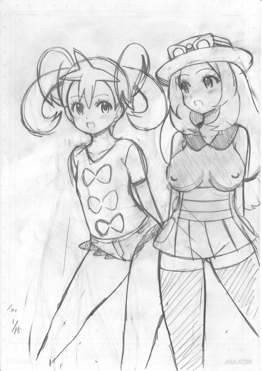 blush breasts dress greyscale hat highres koutarosu large_breasts long_hair monochrome multiple_girls open_mouth pokemon pokemon_(game) pokemon_xy quad_tails sana_(pokemon) serena_(pokemon) shirt shorts smile thighhighs twintails white_background