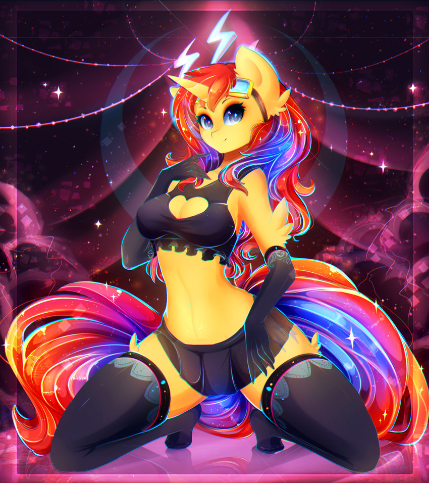 2016 absurd_res anthro bra breasts cleavage clothed clothing elbow_gloves equine eyewear fan_character female gloves goggles hi_res horn kneeling koveliana mammal miniskirt my_little_pony skirt sparkles sweet_voltage underwear unicorn