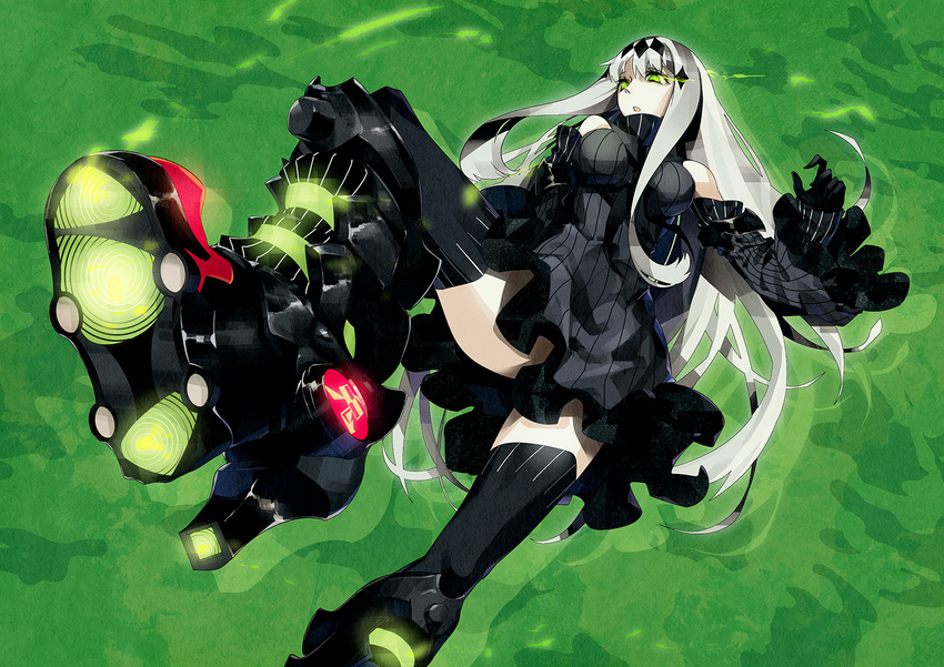 :o aircraft_carrier_water_oni armor armored_boots bare_shoulders black_dress black_footwear black_gloves black_legwear boots commentary_request detached_sleeves dress foreshortening gloves glowing glowing_eye green_eyes hair_ornament kantai_collection knee_boots long_hair long_sleeves ribbed_dress shinkaisei-kan short_dress solo thighhighs tsurukame very_long_hair white_hair wide_sleeves