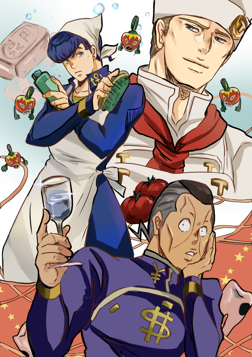 apron aqua_eyes black_hair blue_eyes blue_hair bottle bubble chef chin_rest earrings facial_mark glass grey_hair hayame_(m_ayame) higashikata_jousuke highres jewelry jojo_no_kimyou_na_bouken light_brown_hair multicolored_hair nijimura_okuyasu pearl_jam_(stand) pompadour soap soap_bottle sparkle stand_(jojo) star stud_earrings tomato tonio_trussardi two-tone_hair