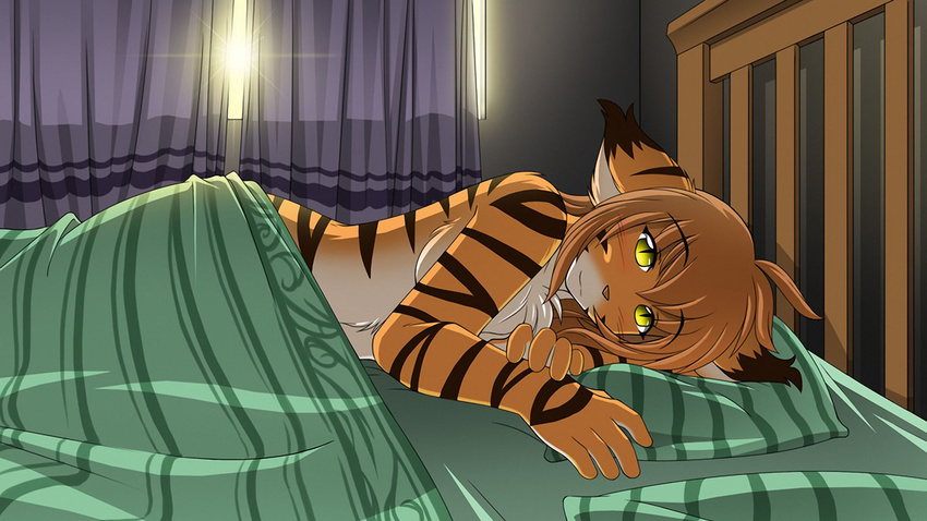 2010 anthro bed bedding belly blanket bluethunderfox_(artist) blush breasts brown_hair chest_tuft convenient_censorship curtains feline female first_person_view flora_(twokinds) fur hair inside keidran long_hair looking_at_viewer lying mammal morning nude on_bed on_side orange_fur pillow slit_pupils smile solo stripes sunrise tasteful_nudity tiger tom_fischbach tuft twokinds wallpaper webcomic white_belly white_fur yellow_eyes