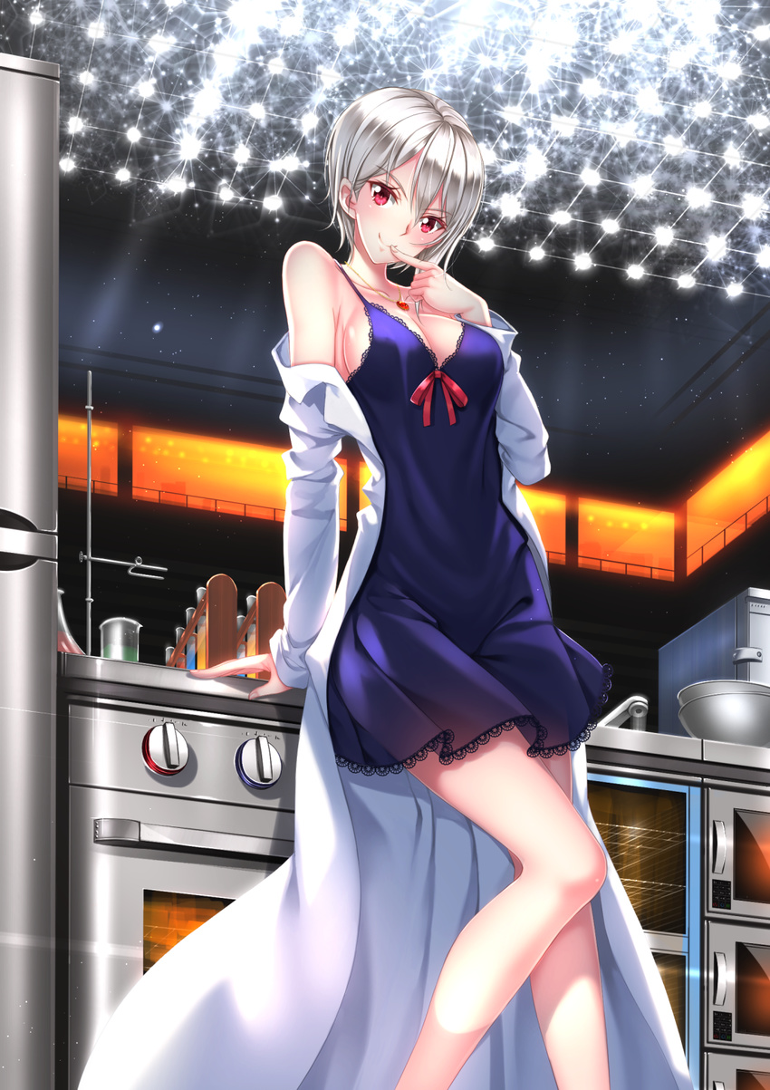 beaker blush breasts cleavage closed_mouth collarbone dress faucet finger_to_mouth highres indoors jewelry kitchen labcoat lace lace-trimmed_dress long_sleeves looking_at_viewer medium_breasts mixing_bowl nakiri_alice nightgown oven pendant pot red_eyes red_ribbon ribbon shokugeki_no_souma short_hair silver_hair smile solo stage_lights swordsouls vial