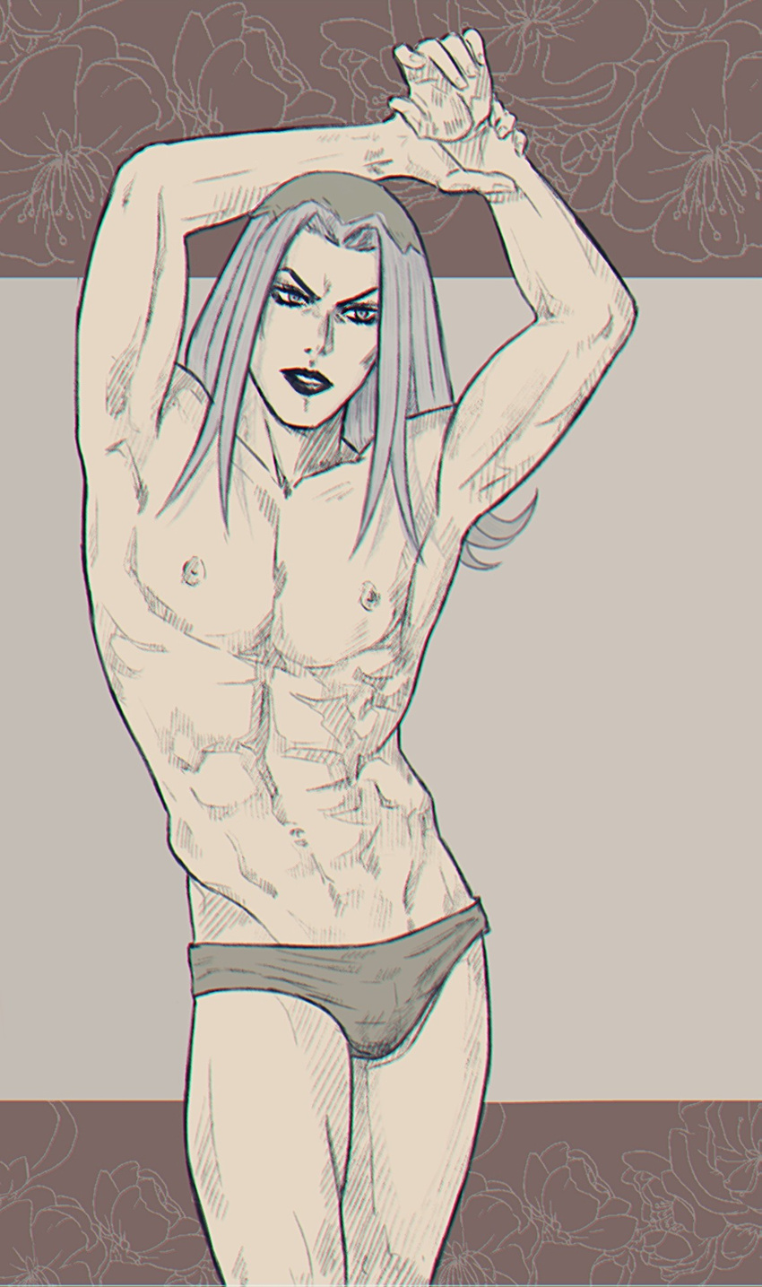 abs adonis_belt amal-amaru arms_up black_lipstick floral_background grey_eyes grey_hair groin hat highres jojo_no_kimyou_na_bouken leone_abbacchio lipstick long_hair makeup male_focus muscle nipples solo underwear underwear_only
