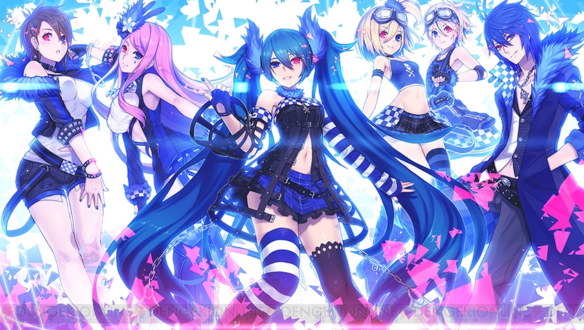 4girls 4hands asymmetrical_clothes belt black_gloves black_shorts blue_hair blue_nails brown_hair buttons chain_necklace checkered coat collar crop_top cuffs fingerless_gloves frilled_skirt frills fur_trim gloves goggles goggles_on_head hand_in_pocket handcuffs hatsune_miku heterochromia kagamine_len kagamine_rin kaito megurine_luka meiko multicolored_hair multiple_belts multiple_boys multiple_girls nail_polish navel open_clothes open_coat pants pink_hair plaid plaid_skirt pointing project_diva_(series) project_diva_x shirt shorts skirt sleeveless sleeveless_shirt standing striped striped_legwear tank_top thighhighs torn_clothes two-tone_hair vest vocaloid zettai_ryouiki