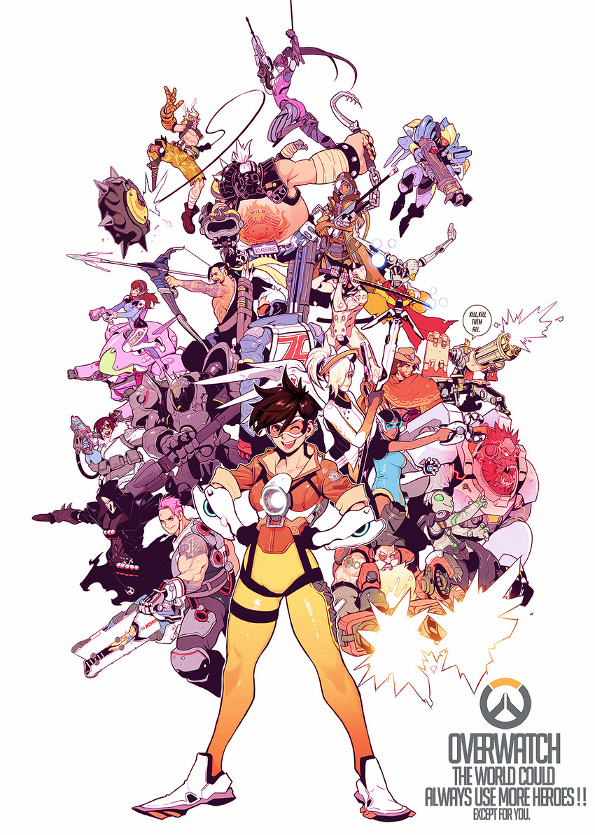 6+girls ana_(overwatch) armor bastion_(overwatch) bodysuit d.va_(overwatch) dark_skin everyone ganymede_(overwatch) genji_(overwatch) goggles gorilla hanzo_(overwatch) highres hook junkrat_(overwatch) looking_at_viewer lucio_(overwatch) mask mccree_(overwatch) mei_(overwatch) mercy_(overwatch) multiple_boys multiple_girls orange_bodysuit overwatch pantyhose pharah_(overwatch) power_armor psychicjin reaper_(overwatch) reinhardt_(overwatch) roadhog_(overwatch) robot soldier:_76_(overwatch) symmetra_(overwatch) tattoo torbjorn_(overwatch) tracer_(overwatch) turret visor weapon widowmaker_(overwatch) winston_(overwatch) zarya_(overwatch) zenyatta_(overwatch)