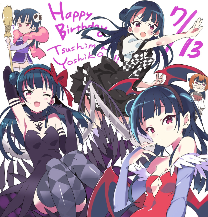 :d ;d ? akuma_homura akuma_homura_(cosplay) animal_print armpits azazel azazel_(cosplay) bare_shoulders bat_print blue_hair blush breasts bridal_gauntlets broom brown_hair character_name checkered cosplay dated demon_girl dress elbow_gloves elysia_de_lute_ima elysia_de_lute_ima_(cosplay) fang gloves hair_bun hair_ornament haiyore!_nyaruko-san happy_birthday head_wings highres kami_nomi_zo_shiru_sekai leotard lilith_aensland lilith_aensland_(cosplay) long_hair love_live! love_live!_sunshine!! mahou_shoujo_madoka_magica mahou_shoujo_madoka_magica_movie multiple_views nyarlathotep_(nyaruko-san) nyarlathotep_(nyaruko-san)_(cosplay) one_eye_closed open_mouth print_legwear purple_eyes rassie_s red_leotard skull_hair_ornament small_breasts smile succubus thighhighs trait_connection tsushima_yoshiko v-shaped_eyebrows vampire_(game) yondemasu_yo_azazel-san.