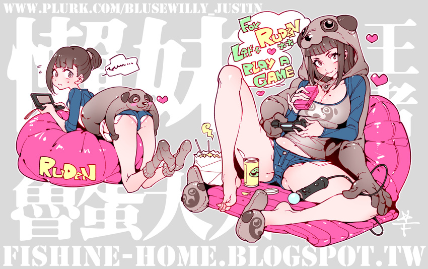 :3 animal_hood artist_name ass ass_pillow bag bangs bare_legs barefoot bean_bag_chair belly_peek black_hair black_legwear blue_shorts blunt_bangs blush_stickers borrowed_character breasts brown_eyes brown_hair buttons cable can chips chopsticks cleavage denim denim_shorts drinking_straw exposed_pocket eyebrows eyebrows_visible_through_hair eyelashes fishine flying_sweatdrops food food_on_face full_body game_console grey_background head_tilt heart high_ponytail holding hood inflatable_chair juice_box lanmei large_breasts long_hair long_sleeves looking_at_viewer lying multiple_girls navel no_shoes on_stomach original panties paper_bag pinky_out playing_games pocket print_shirt raglan_sleeves shiny shiny_skin shirt shoe_dangle shoes shoes_removed short_ponytail short_shorts shorts single_shoe skin_tight sleeves_pushed_up slippers snake socks speech_bubble spread_legs steam sweatdrop text_focus underwear upshirt upshorts watermark web_address white_panties