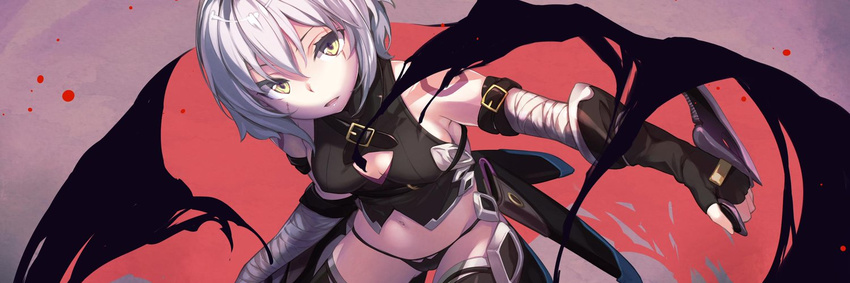 armband ass_visible_through_thighs bandaged_arm bandages bare_shoulders black_gloves black_legwear black_panties breasts cropped dagger fate/apocrypha fate_(series) fingerless_gloves gloves hinasaki_you jack_the_ripper_(fate/apocrypha) leaning_forward medium_breasts navel panties parted_lips scar sheath short_hair silver_hair solo string_panties tattoo thighhighs twitter_banner underwear weapon yellow_eyes