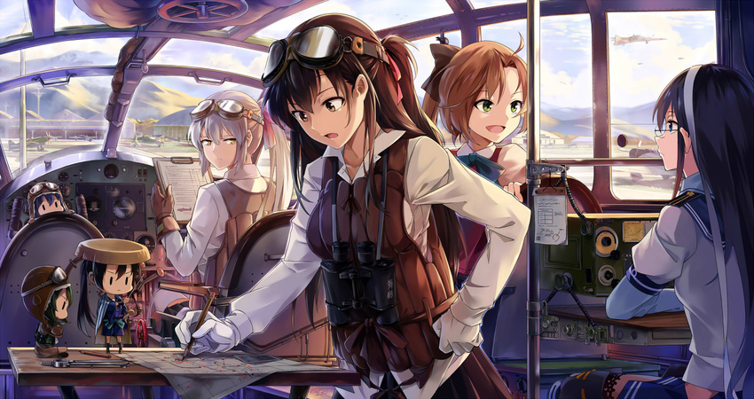 :d :o ahoge aircraft airplane airplane_interior akigumo_(kantai_collection) aviator_sunglasses bangs binoculars black-framed_eyewear black_hair blue_bow blue_eyes blue_neckwear blue_skirt blue_sky bow bowtie breasts brown_eyes brown_gloves brown_hair brown_hat brown_skirt brown_vest building chibi clipboard closed_mouth cockpit collarbone collared_shirt compass_(instrument) day expressionless eye_contact fairy_(kantai_collection) female_admiral_(kantai_collection) glasses gloves goggles goggles_on_head green_eyes hair_bow hat hill kantai_collection long_hair long_sleeves looking_at_another looking_back machinery medium_breasts military_base multiple_girls neko_(yanshoujie) nonaka_squadron_pilot_(kantai_collection) ooyodo_(kantai_collection) open_mouth paper peeking pencil pleated_skirt ponytail profile radio red_bow red_vest rimless_eyewear seat shirt silver_hair sitting skirt sky smile standing sunglasses thighhighs type_1_land-based_attack_aircraft vehicle_interior vest white_gloves white_legwear white_shirt wing_collar writing yellow_eyes zettai_ryouiki