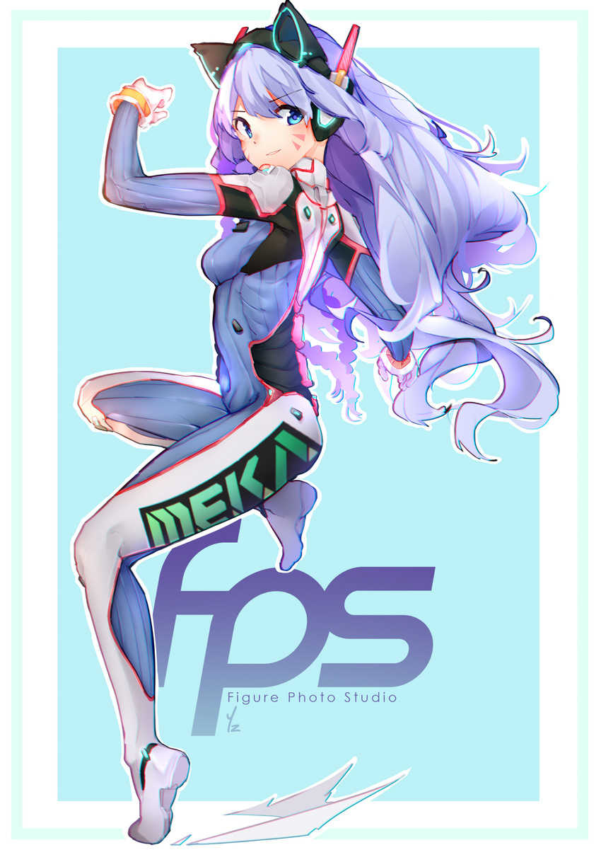 acronym animal_ears bangs blue_eyes blue_hair bodysuit boots bracer breasts cat_ears cosplay d.va_(overwatch) d.va_(overwatch)_(cosplay) eyebrows_visible_through_hair facepaint facial_mark fake_animal_ears figure_photo_studio gloves hand_up headphones highres leg_up long_hair long_sleeves looking_at_viewer medium_breasts nero_jeevas overwatch pauldrons pilot_suit ribbed_bodysuit second_coming shoulder_pads skin_tight solo standing standing_on_one_leg thigh_boots thighhighs turtleneck whisker_markings white_footwear white_gloves