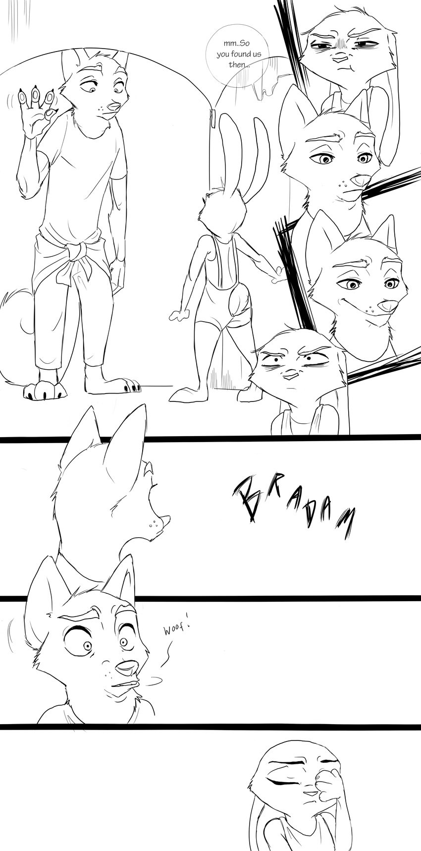 2016 angry anthro black_and_white canine claws clothed clothing comic dialogue digital_media_(artwork) disney english_text female fox fur hair hi_res inter_schminter jill_hopps judy_hopps lagomorph male mammal monochrome nick_wilde open_mouth paws rabbit simple_background size_difference speech_bubble spintherella standing text white_background zootopia