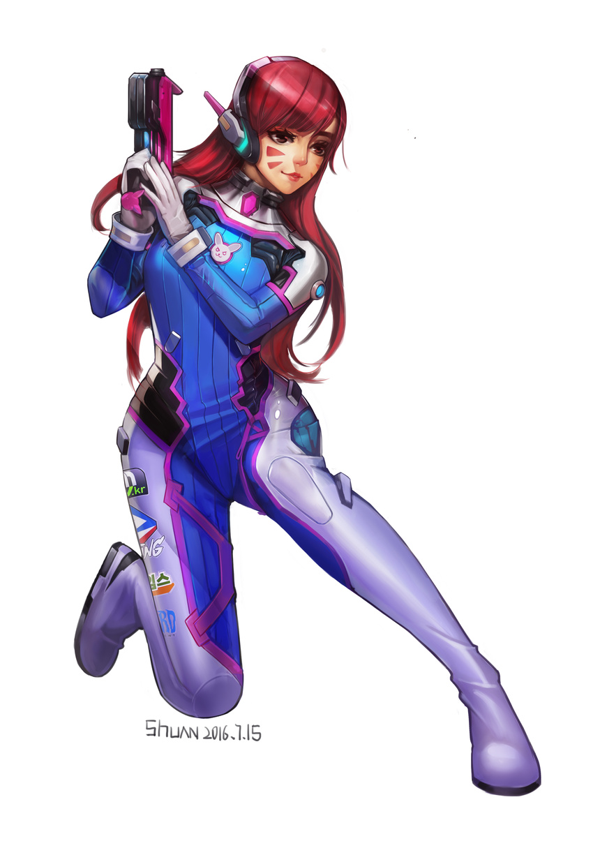 2016 absurdres animal_print armor artist_name bangs bodysuit boots bracer breasts brown_eyes brown_hair bunny_print charm_(object) d.va_(overwatch) dated facepaint facial_mark gloves gun headphones highres holding holding_gun holding_weapon lips lipstick long_hair long_sleeves makeup medium_breasts one_knee overwatch parted_lips pauldrons pilot_suit ribbed_bodysuit shoulder_pads shuan_(lilgan) simple_background skin_tight solo swept_bangs thigh_boots thigh_strap thighhighs turtleneck weapon whisker_markings white_background white_footwear white_gloves