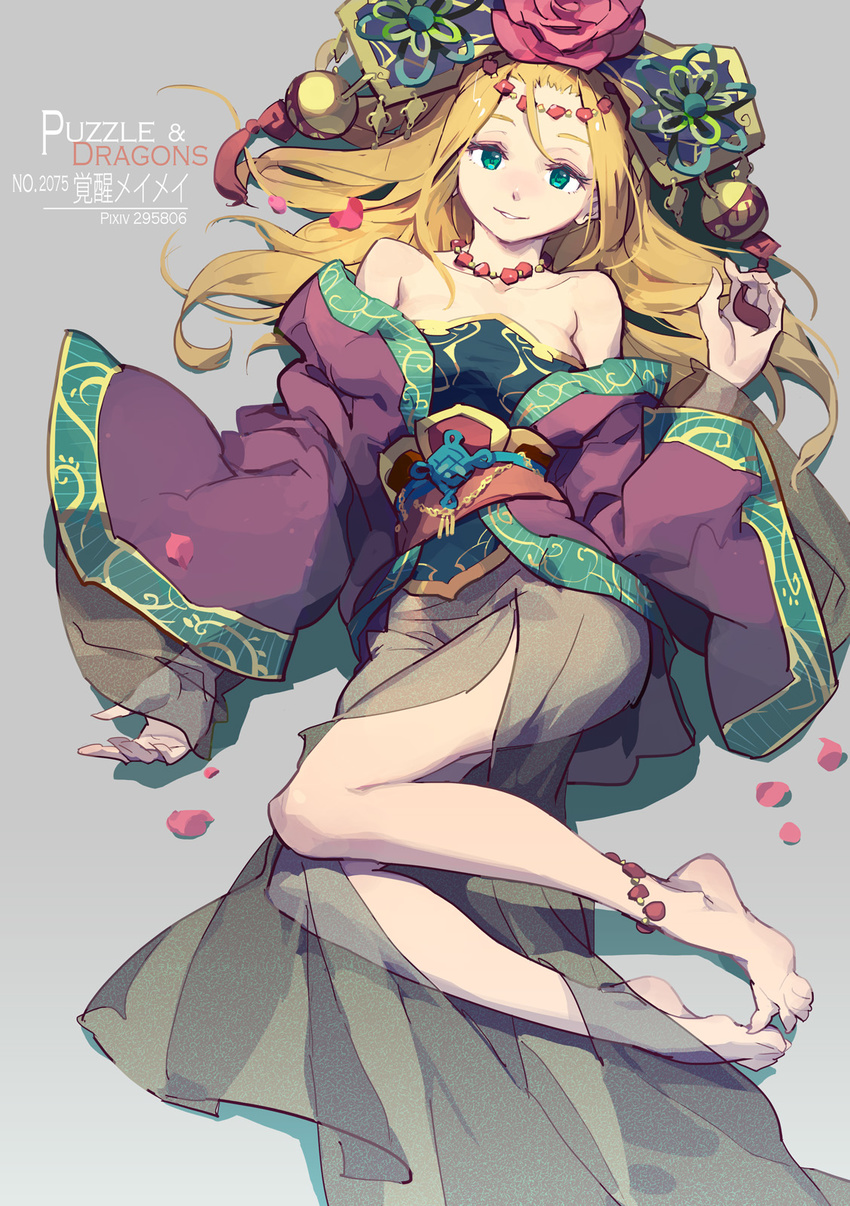 anklet bare_legs bare_shoulders barefoot blonde_hair blush chinese_clothes collarbone commentary_request dalachi_(headdress) dress flower green_eyes hair_flower hair_ornament hat highres jewelry long_hair looking_at_viewer lying meimei_(p&amp;d) necklace off_shoulder on_back puzzle_&amp;_dragons smile solo tennohi wide_sleeves