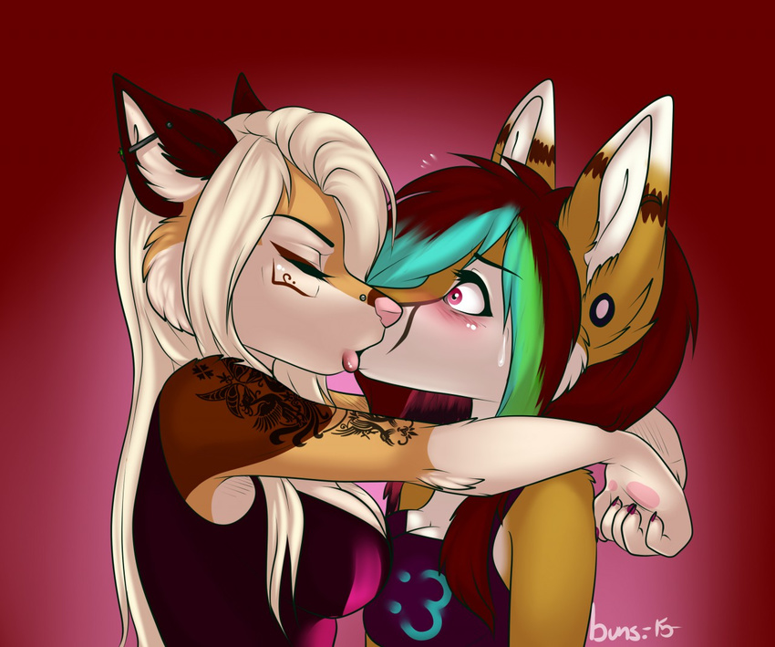 5_fingers anthro blush brown_fur canine clothed clothing duo ear_piercing eyes_closed female female/female fur gradie gradient_background gradiewoof hair kissing mammal piercing pink_eyes simple_background tattoo white_hair wolf