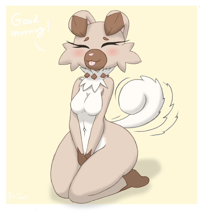 bit-small blush breasts canine cute dog eyes_closed female floppy_ears fluffy happy hi_res kneeling mammal nintendo nude pok&eacute;mon rockruff simple_background sitting solo tongue tongue_out video_games wide_hips