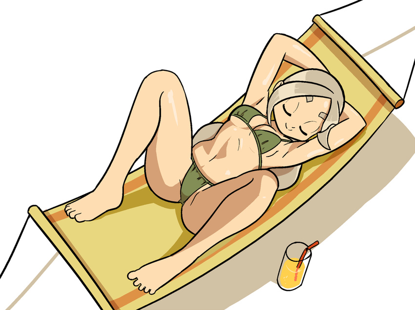 1girl bra breasts cleavage feet female green_bra green_panties grey_hair hammock jane_(nerf_now!!) large_breasts long_hair nerf_now!! panties sleeipng solo spread_legs team_fortress_2 the_soldier underwear underwear_only